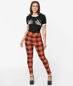 Unique Vintage Orange Plaid Rizzo Cigarette Pants -Pleaser Clothing Store unique vintage orange plaid rizzo cigarette pants 993357