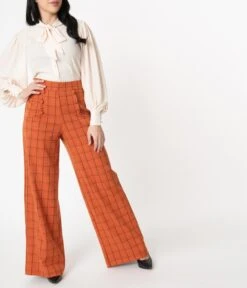 Unique Vintage Orange Windowpane High Waist Ginger Pants -Pleaser Clothing Store unique vintage orange windowpane high waist ginger pants 220702