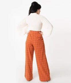 Unique Vintage Orange Windowpane High Waist Ginger Pants -Pleaser Clothing Store unique vintage orange windowpane high waist ginger pants 571633
