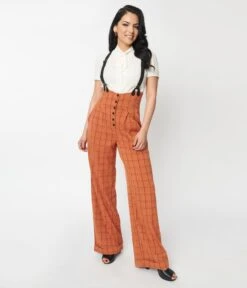 Unique Vintage Orange Windowpane Thelma Suspender Pants