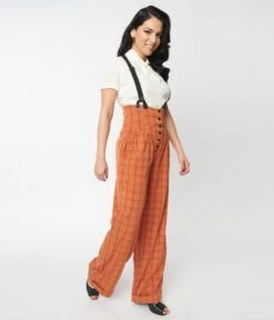Unique Vintage Orange Windowpane Thelma Suspender Pants -Pleaser Clothing Store unique vintage orange windowpane thelma suspender pants 323314