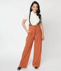 Unique Vintage Orange Windowpane Thelma Suspender Pants -Pleaser Clothing Store unique vintage orange windowpane thelma suspender pants 669203