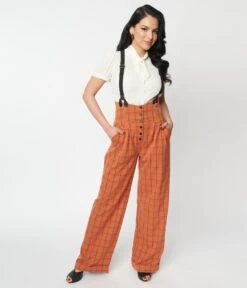Unique Vintage Orange Windowpane Thelma Suspender Pants -Pleaser Clothing Store unique vintage orange windowpane thelma suspender pants 937846