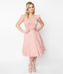 Unique Vintage Pink & Cream Rose Print Ohara Swing Dress -Pleaser Clothing Store unique vintage pink cream rose print ohara swing dress 296245
