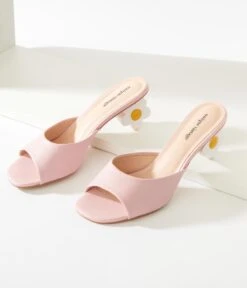 Unique Vintage Pink Daisy Mule Kitten Heels -Pleaser Clothing Store unique vintage pink daisy mule kitten heels 639413