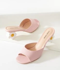 Unique Vintage Pink Daisy Mule Kitten Heels -Pleaser Clothing Store unique vintage pink daisy mule kitten heels 737386