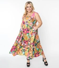 Unique Vintage Pink Floral Tiered Midi Dress -Pleaser Clothing Store unique vintage pink floral tiered midi dress 205060