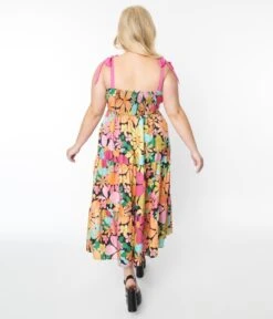 Unique Vintage Pink Floral Tiered Midi Dress -Pleaser Clothing Store unique vintage pink floral tiered midi dress 769252