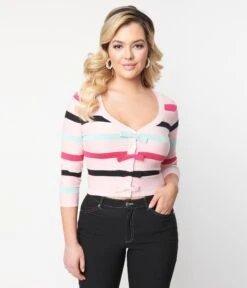 Unique Vintage Pink & Multi Stripe Cardigan -Pleaser Clothing Store unique vintage pink multi stripe cardigan 682980