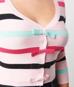 Unique Vintage Pink & Multi Stripe Cardigan -Pleaser Clothing Store unique vintage pink multi stripe cardigan 850597