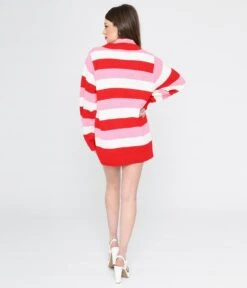 Unique Vintage Pink & Red Striped Crochet Hearts Cardigan -Pleaser Clothing Store unique vintage pink red striped crochet hearts cardigan 356964