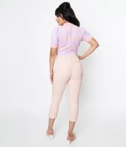 Unique Vintage Pink & White Pin Dot Heart Pocket Rachelle Capri Pants -Pleaser Clothing Store unique vintage pink white pin dot heart pocket rachelle capri pants 886991
