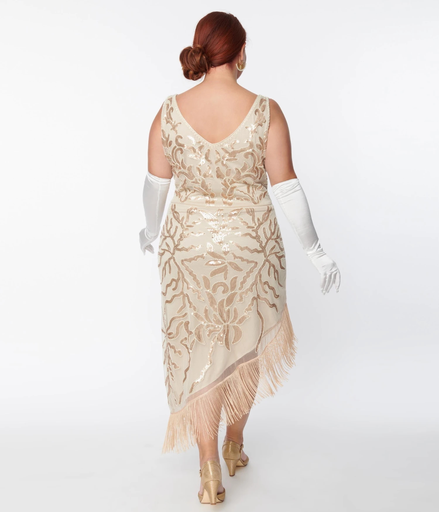 Unique Vintage Plus Size 1920s Beige Beaded Asymmetrical Fringe Flapper Dress 3 Unique Vintage Plus Size 1920s Beige Beaded Asymmetrical Fringe Flapper Dress - Image 3
