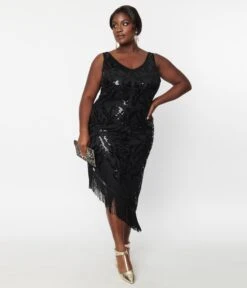 Unique Vintage Plus Size 1920s Black Beaded Asymmetrical Fringe Flapper Dress