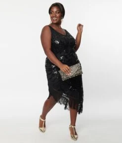 Unique Vintage Plus Size 1920s Black Beaded Asymmetrical Fringe Flapper Dress -Pleaser Clothing Store unique vintage plus size 1920s black beaded asymmetrical fringe flapper dress 859010
