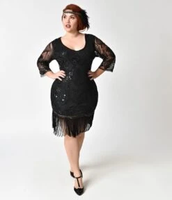 Unique Vintage Plus Size 1920s Black Beaded & Sequin Margaux Sleeved Fringe Flapper Dress -Pleaser Clothing Store unique vintage plus size 1920s black beaded sequin margaux sleeved fringe flapper dress 175231