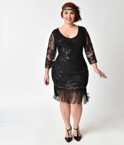 Unique Vintage Plus Size 1920s Black Beaded & Sequin Margaux Sleeved Fringe Flapper Dress -Pleaser Clothing Store unique vintage plus size 1920s black beaded sequin margaux sleeved fringe flapper dress 285211