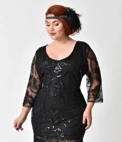 Unique Vintage Plus Size 1920s Black Beaded & Sequin Margaux Sleeved Fringe Flapper Dress -Pleaser Clothing Store unique vintage plus size 1920s black beaded sequin margaux sleeved fringe flapper dress 810580