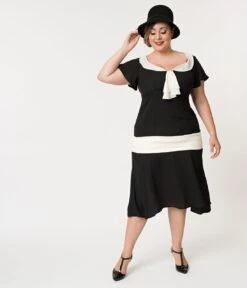 Unique Vintage Plus Size 1920s Black & Cream Wilshire Flapper Day Dress -Pleaser Clothing Store unique vintage plus size 1920s black cream wilshire flapper day dress 480468