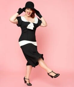 Unique Vintage Plus Size 1920s Black & Cream Wilshire Flapper Day Dress -Pleaser Clothing Store unique vintage plus size 1920s black cream wilshire flapper day dress 533909