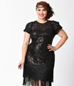 Unique Vintage Plus Size 1920s Black Sequin Fringe Del Mar Flapper Dress -Pleaser Clothing Store unique vintage plus size 1920s black sequin fringe del mar flapper dress 141368