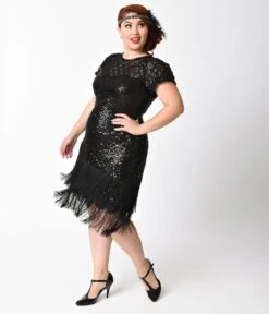 Unique Vintage Plus Size 1920s Black Sequin Fringe Del Mar Flapper Dress -Pleaser Clothing Store unique vintage plus size 1920s black sequin fringe del mar flapper dress 703657