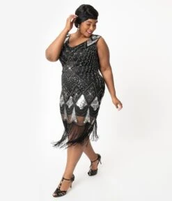 Unique Vintage Plus Size 1920s Black & Silver Sequin Lina Fringe Flapper Dress -Pleaser Clothing Store unique vintage plus size 1920s black silver sequin lina fringe flapper dress 331988