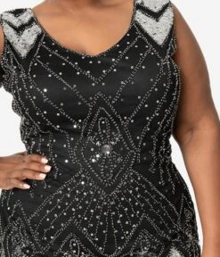 Unique Vintage Plus Size 1920s Black & Silver Sequin Lina Fringe Flapper Dress -Pleaser Clothing Store unique vintage plus size 1920s black silver sequin lina fringe flapper dress 349134