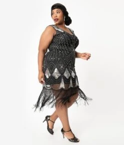 Unique Vintage Plus Size 1920s Black & Silver Sequin Lina Fringe Flapper Dress -Pleaser Clothing Store unique vintage plus size 1920s black silver sequin lina fringe flapper dress 474701