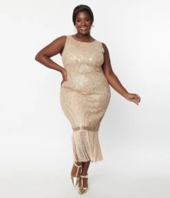 Unique Vintage Plus Size 1920s Champagne Sequin & Pearl Sleeveless Flapper Dress -Pleaser Clothing Store unique vintage plus size 1920s champagne sequin pearl sleeveless flapper dress 553119