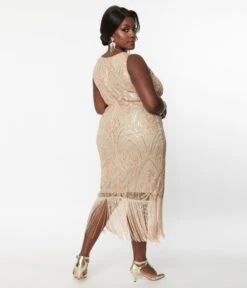 Unique Vintage Plus Size 1920s Champagne Sequin & Pearl Sleeveless Flapper Dress -Pleaser Clothing Store unique vintage plus size 1920s champagne sequin pearl sleeveless flapper dress 643291