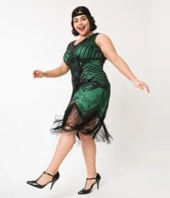 Unique Vintage Plus Size 1920s Deco Green & Black Sequin Veronique Fringe Flapper Dress -Pleaser Clothing Store unique vintage plus size 1920s deco green black sequin veronique fringe flapper dress 395177