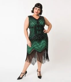 Unique Vintage Plus Size 1920s Deco Green & Black Sequin Veronique Fringe Flapper Dress -Pleaser Clothing Store unique vintage plus size 1920s deco green black sequin veronique fringe flapper dress 415185