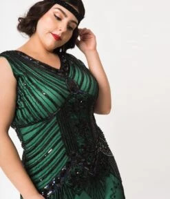 Unique Vintage Plus Size 1920s Deco Green & Black Sequin Veronique Fringe Flapper Dress -Pleaser Clothing Store unique vintage plus size 1920s deco green black sequin veronique fringe flapper dress 571346