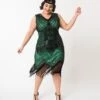 Unique Vintage Plus Size 1920s Deco Green & Black Sequin Veronique Fringe Flapper Dress