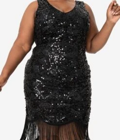 Unique Vintage Plus Size 1920s Style Black Beaded & Sequin Adalene Cocktail Flapper Dress -Pleaser Clothing Store unique vintage plus size 1920s style black beaded sequin adalene cocktail flapper dress 167803