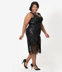Unique Vintage Plus Size 1920s Style Black Beaded & Sequin Adalene Cocktail Flapper Dress -Pleaser Clothing Store unique vintage plus size 1920s style black beaded sequin adalene cocktail flapper dress 327205