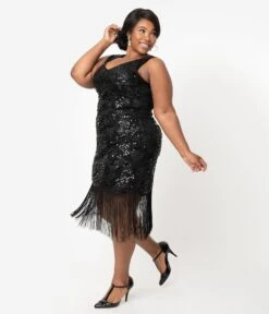 Unique Vintage Plus Size 1920s Style Black Beaded & Sequin Adalene Cocktail Flapper Dress
