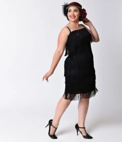 Unique Vintage Plus Size 1920s Style Black Speakeasy Tiered Fringe Flapper Dress
