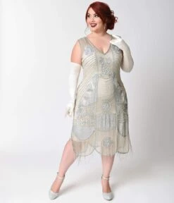 Unique Vintage Plus Size 1920s Style Silver Beaded Fringe Bosley Flapper Dress