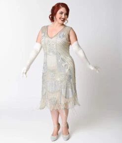 Unique Vintage Plus Size 1920s Style Silver Beaded Fringe Bosley Flapper Dress -Pleaser Clothing Store unique vintage plus size 1920s style silver beaded fringe bosley flapper dress 182694