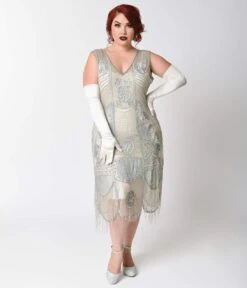Unique Vintage Plus Size 1920s Style Silver Beaded Fringe Bosley Flapper Dress -Pleaser Clothing Store unique vintage plus size 1920s style silver beaded fringe bosley flapper dress 284013