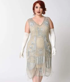 Unique Vintage Plus Size 1920s Style Silver Beaded Fringe Bosley Flapper Dress -Pleaser Clothing Store unique vintage plus size 1920s style silver beaded fringe bosley flapper dress 902399