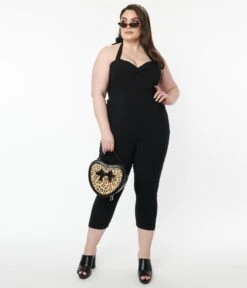 Unique Vintage Plus Size 1950s Black Halter Marcel Jumpsuit -Pleaser Clothing Store unique vintage plus size 1950s black halter marcel jumpsuit 766940