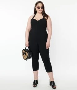 Unique Vintage Plus Size 1950s Black Halter Marcel Jumpsuit -Pleaser Clothing Store unique vintage plus size 1950s black halter marcel jumpsuit 947182