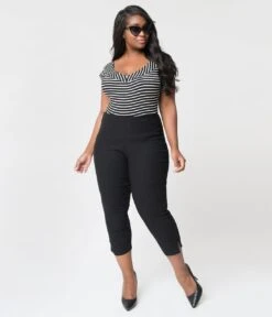Unique Vintage Plus Size 1950s Black High Waist Rachelle Capri Pants -Pleaser Clothing Store unique vintage plus size 1950s black high waist rachelle capri pants 616421