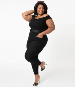 Unique Vintage Plus Size 1950s Black Off Shoulder Gillian Jumpsuit -Pleaser Clothing Store unique vintage plus size 1950s black off shoulder gillian jumpsuit 511904