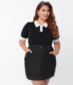 Unique Vintage Plus Size 1950s Black & White Collar Prim & Pretty Sweater -Pleaser Clothing Store unique vintage plus size 1950s black white collar prim pretty sweater 103010