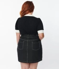 Unique Vintage Plus Size 1950s Black & White Collar Prim & Pretty Sweater -Pleaser Clothing Store unique vintage plus size 1950s black white collar prim pretty sweater 240946