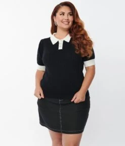 Unique Vintage Plus Size 1950s Black & White Collar Prim & Pretty Sweater -Pleaser Clothing Store unique vintage plus size 1950s black white collar prim pretty sweater 929128